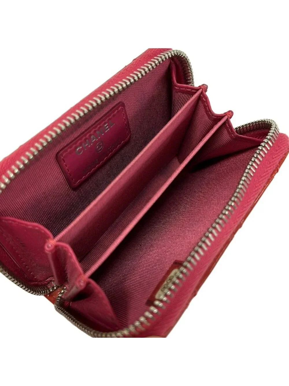 Chanel Coin Purse Quilted Pink Zip Around Silver Leather